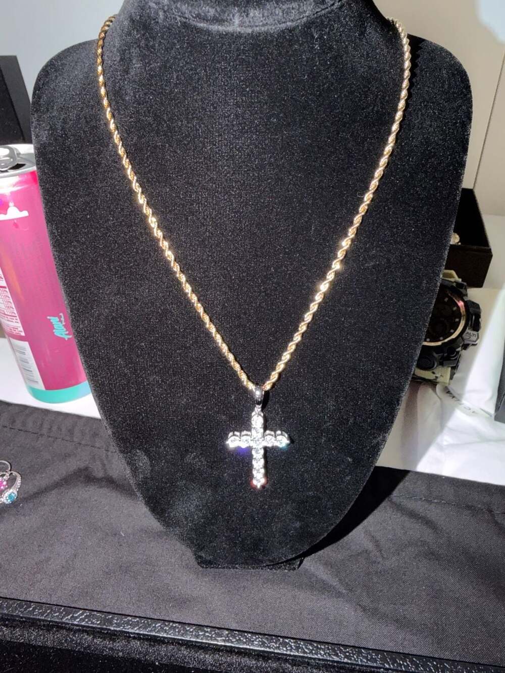 14K Gold Filled Rope Chain Necklace with Moissanite Cross Pendant